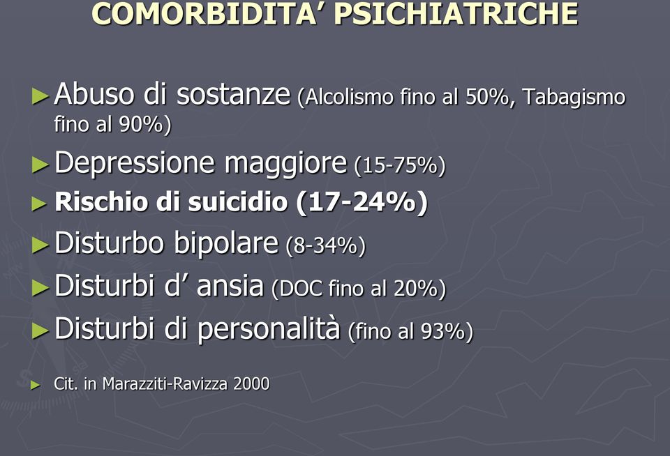 suicidio (17-24%) Disturbo bipolare (8-34%) Disturbi d ansia (DOC