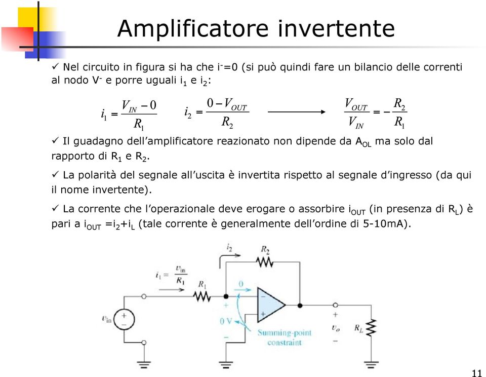 La polarità del segnale all uscita è invertita rispetto al segnale d ingresso (da qui il nome invertente).