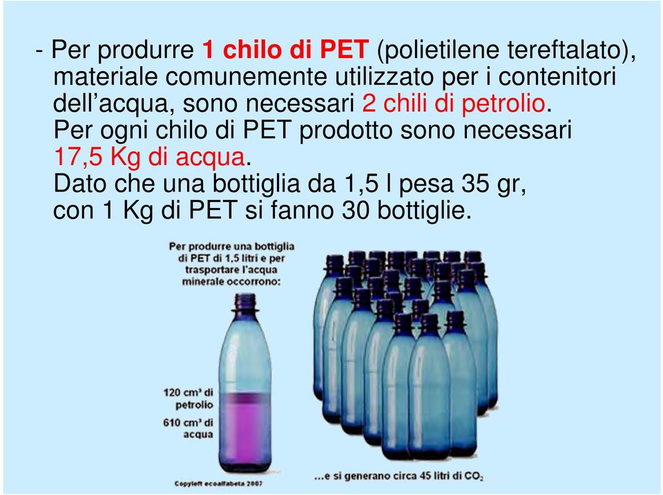 di petrolio. Per ogni chilo di PET prodotto sono necessari 17,5 Kg di acqua.