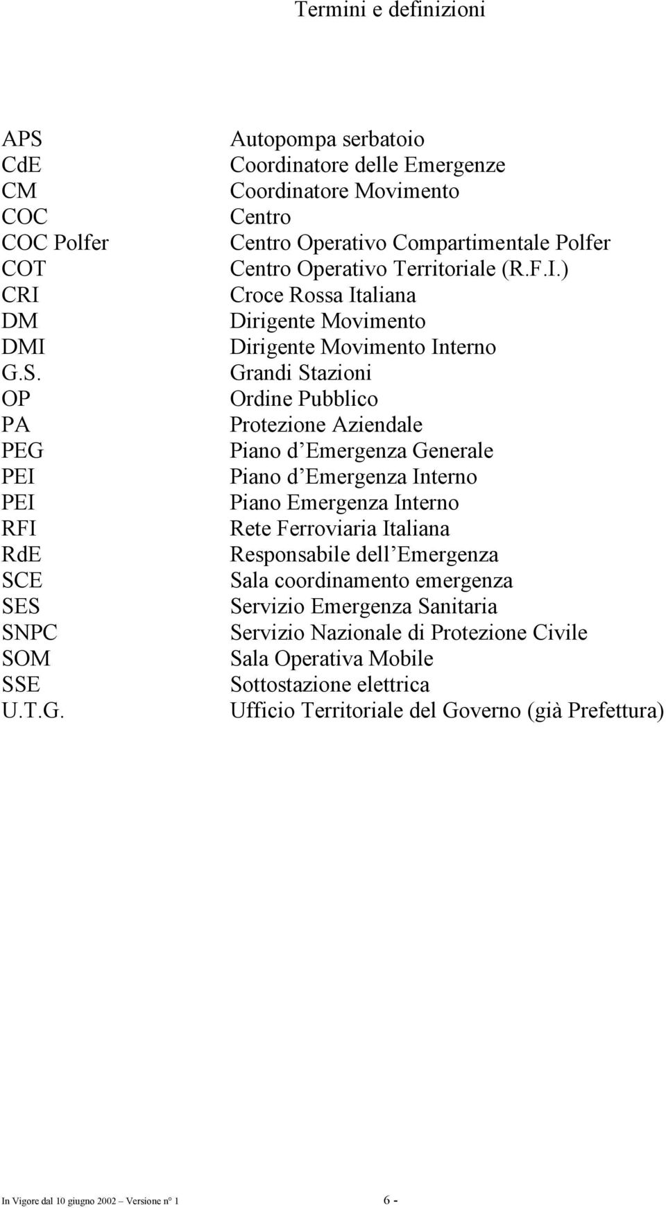 F.I.) Croce Rossa Italiana Dirigente Movimento Dirigente Movimento Interno Grandi Stazioni Ordine Pubblico Protezione Aziendale Piano d Emergenza Generale Piano d Emergenza Interno Piano