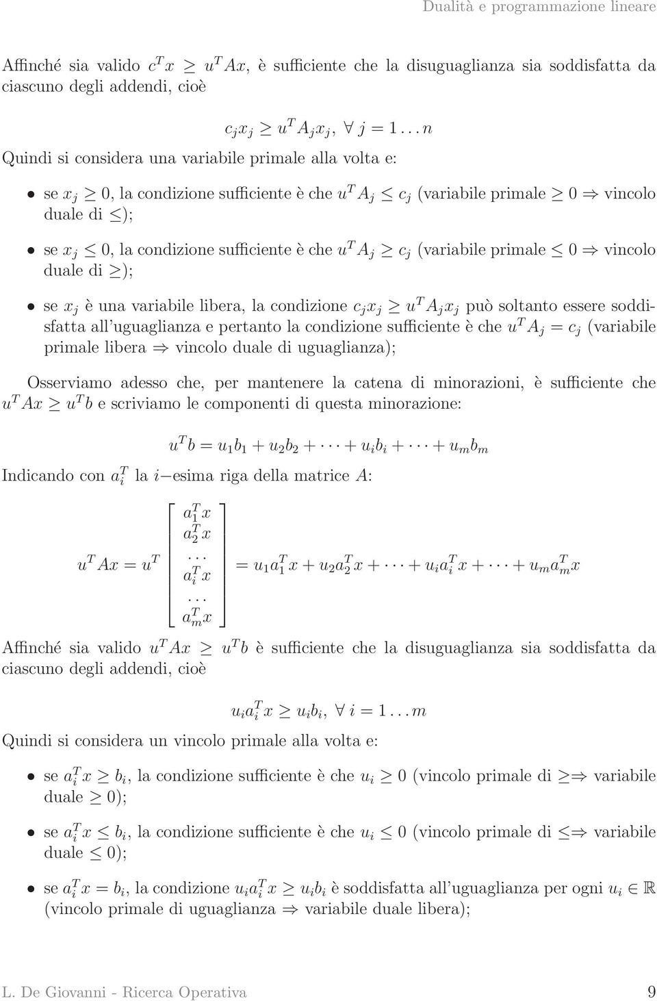 T A j c j (variabile primale 0 vincolo duale di ); se x j è una variabile libera, la condizione c j x j u T A j x j può soltanto essere soddisfatta all uguaglianza e pertanto la condizione