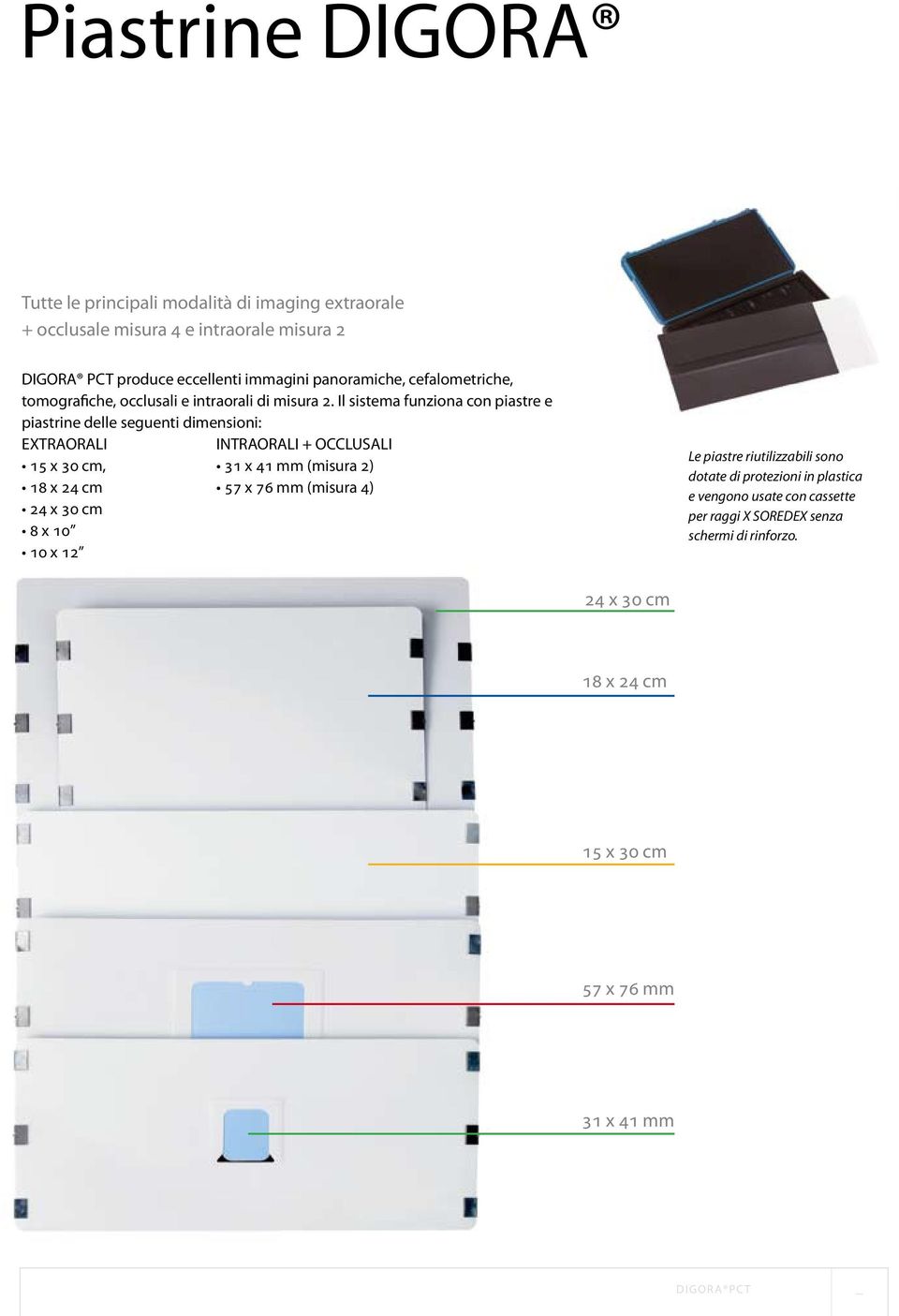 Il sistema funziona con piastre e piastrine delle seguenti dimensioni: EXTRAORALI INTRAORALI + OCCLUSALI 15 x 30 cm, 31 x 41 mm (misura 2) 18 x 24 cm 57 x 76