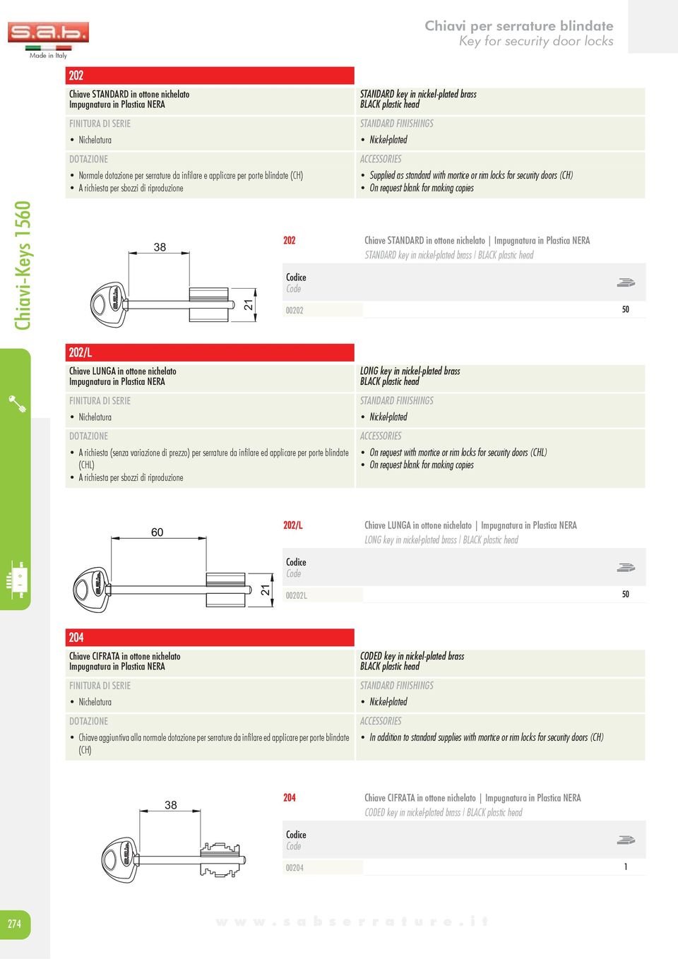 On request blank for making copies Chiavi-Keys 1560 3 21 202 Chiave STANDARD in ottone nichelato Impugnatura in Plastica NERA STANDARD key in nickel-plated brass BLACK plastic head 00202 50 202/L