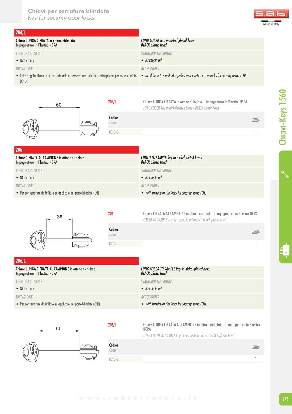 security doors (CHL) 206 Chiave CIFRATA AL CAMPIONE in ottone nichelato Impugnatura in Plastica NERA Nichelatura 60 Per per serrature da infilare ed applicare per porte blindate (CH) 204/L Chiave