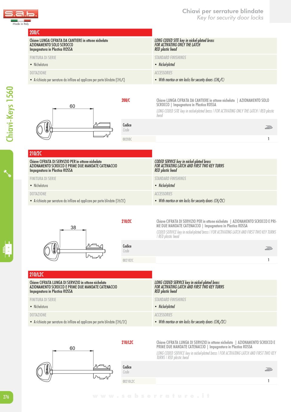 security doors (CHL/C) Chiavi-Keys 1560 60 20/C Chiave LUNGA CIFRATA DA CANTIERE in ottone nichelato AZIONAMENTO SOLO SCROCCO Impugnatura in Plastica ROSSA LONG CODED SITE key in nickel-plated brass