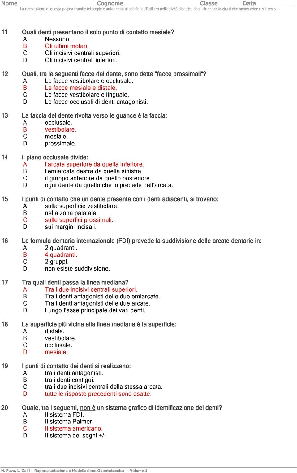 D Le facce occlusali di denti antagonisti. 13 La faccia del dente rivolta verso le guance è la faccia: A occlusale. B vestibolare. C mesiale. D prossimale.