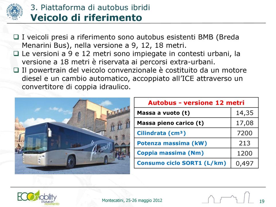 Il powertrain del veicolo convenzionale è costituito da un motore diesel e un cambio automatico, accoppiato all ICE attraverso un convertitore di coppia idraulico.