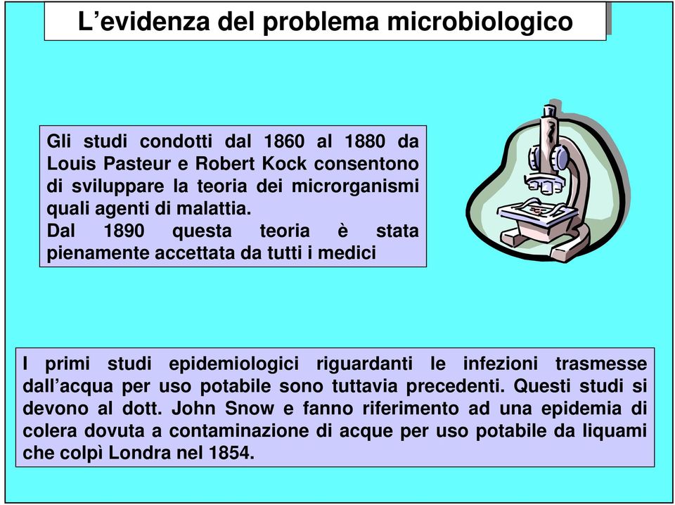 Dal 1890 questa teoria è stata pienamente accettata da tutti i medici I primi studi epidemiologici riguardanti le infezioni trasmesse dall acqua