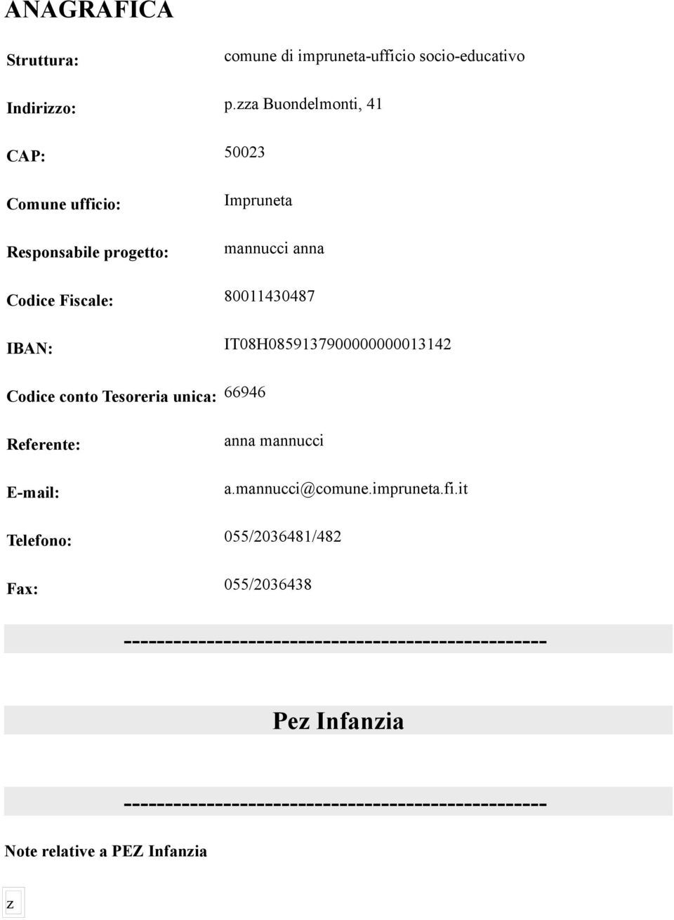 Fiscale: 80011430487 IBAN: IT08H0859137900000000013142 Codice conto Tesoreria unica: 66946 Referente: