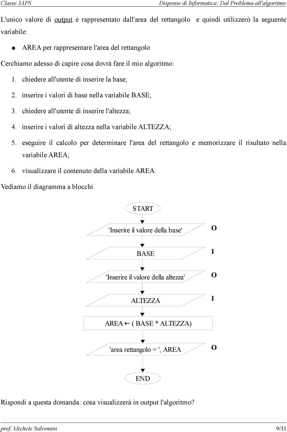 inserire i valori di altezza nella variabile ALTEZZA; 5. eseguire il calcolo per determinare l'area del rettangolo e memorizzare il risultato nella variabile AREA; 6.