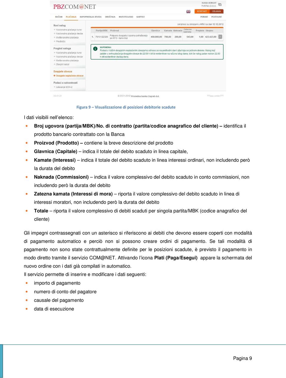 il totale del debito scaduto in linea capitale, Kamate (Interessi) indica il totale del debito scaduto in linea interessi ordinari, non includendo però la durata del debito Naknada (Commissioni)