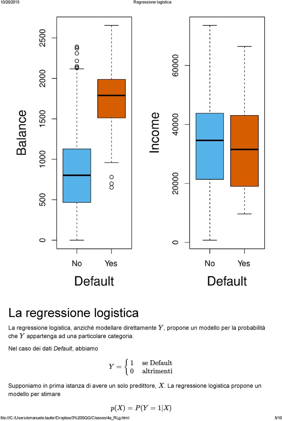 Nel caso dei dati Default, abbiamo Y ={ 1 0 se Default altrimenti Supponiamo in prima istanza di avere un solo