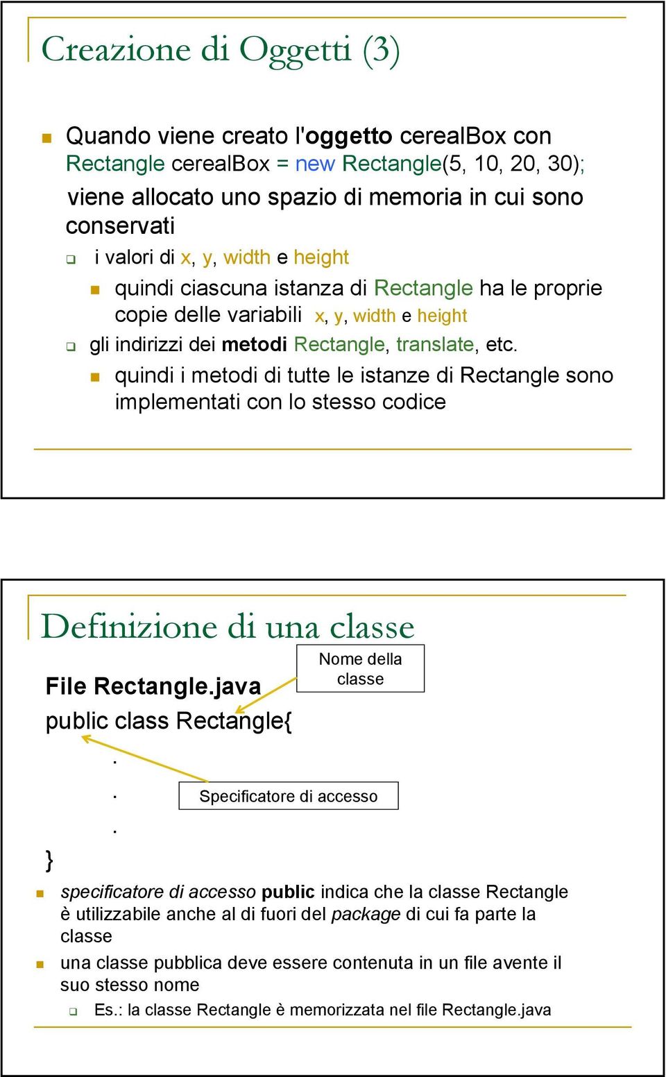 quindi i metodi di tutte le istanze di Rectangle sono implementati con lo stesso codice Definizione di una classe File Rectangle.java public class Rectangle{.