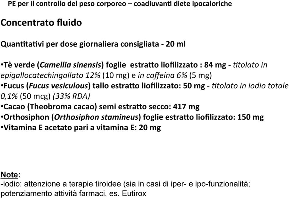 5tolato in iodio totale 0,1% (50 mcg) (33% RDA) Cacao (Theobroma cacao) semi estrabo secco: 417 mg Orthosiphon (Orthosiphon stamineus) foglie estrabo liofilizzato: 150 mg