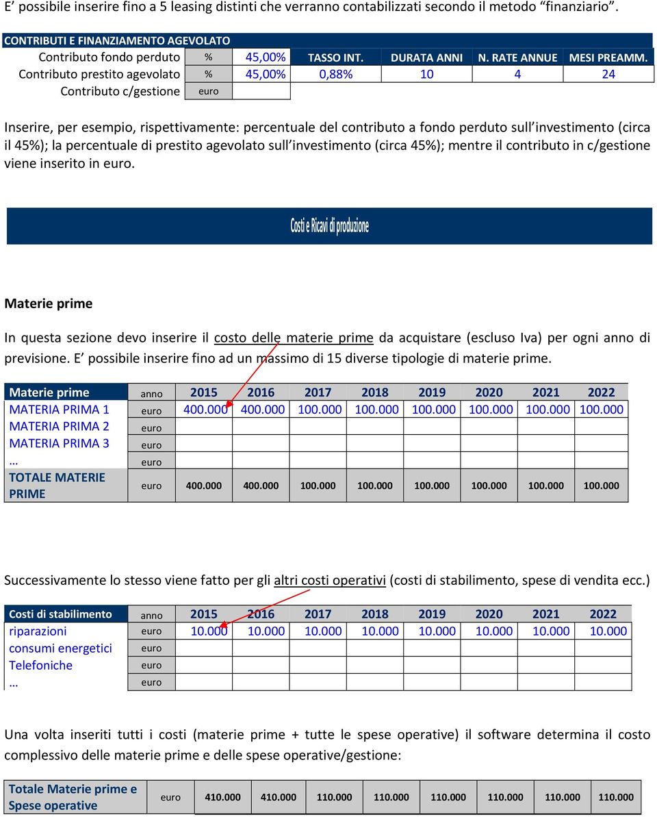 Contributo prestito agevolato % 45,00% 0,88% 10 4 24 Contributo c/gestione Inserire, per esempio, rispettivamente: percentuale del contributo a fondo perduto sull investimento (circa il 45%); la