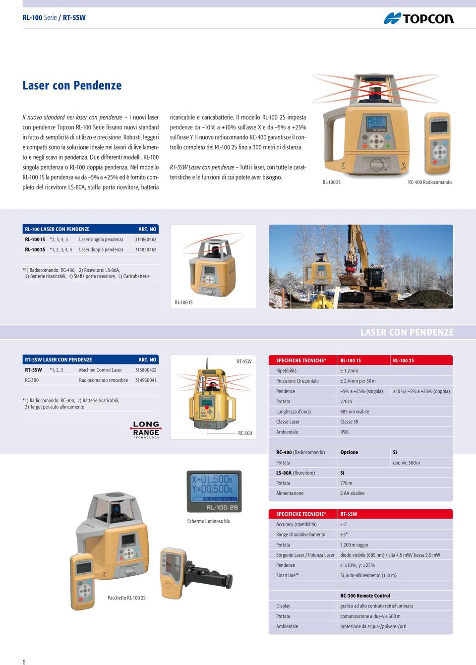 Nel modello RL-100 1S la pendenza va da 5% a +25% ed è fornito completo del ricevitore LS-80A, staffa porta ricevitore, batteria ricaricabile e caricabatterie.