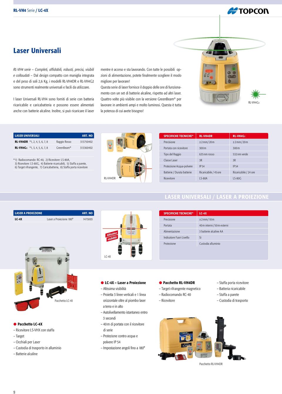 I laser Universali RL-VH4 sono forniti di serie con batteria ricaricabile e caricabatteria e possono essere alimentati anche con batterie alcaline.