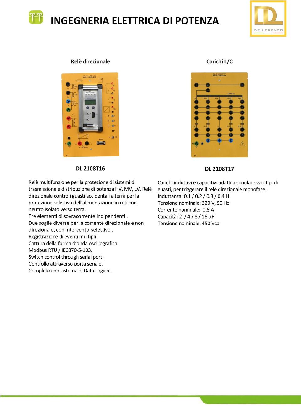 Due soglie diverse per la corrente direzionale e non direzionale, con intervento selettivo. Registrazione di eventi multipli. Cattura della forma d onda oscillografica. Modbus RTU / IEC870-5-103.