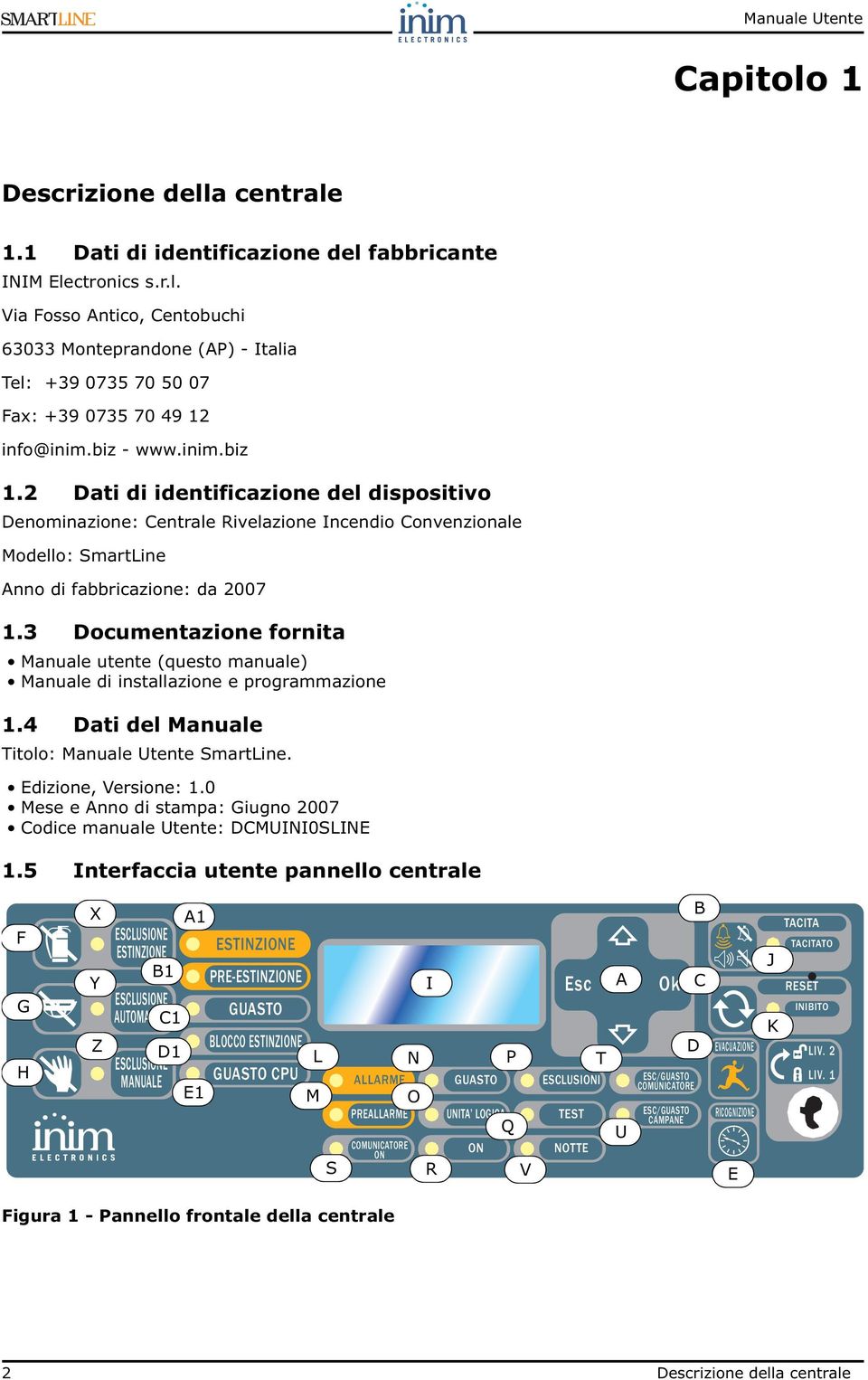 3 Documentazione fornita Manuale utente (questo manuale) Manuale di installazione e programmazione 1.4 Dati del Manuale Titolo: Manuale Utente SmartLine. Edizione, Versione: 1.