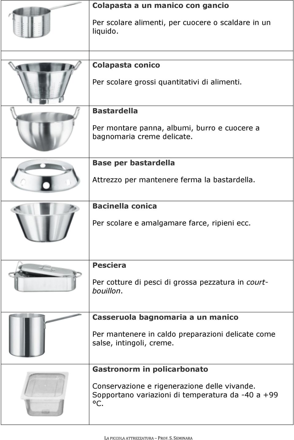 Bacinella conica Per scolare e amalgamare farce, ripieni ecc. Pesciera Per cotture di pesci di grossa pezzatura in courtbouillon.