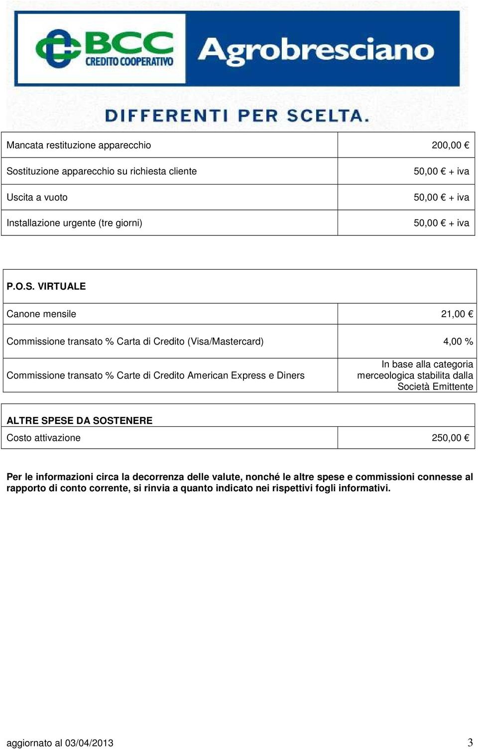 VIRTUALE Canone mensile 21,00 Commissione transato % Carta di Credito (Visa/Mastercard) 4,00 % Commissione transato % Carte di Credito American Express e Diners