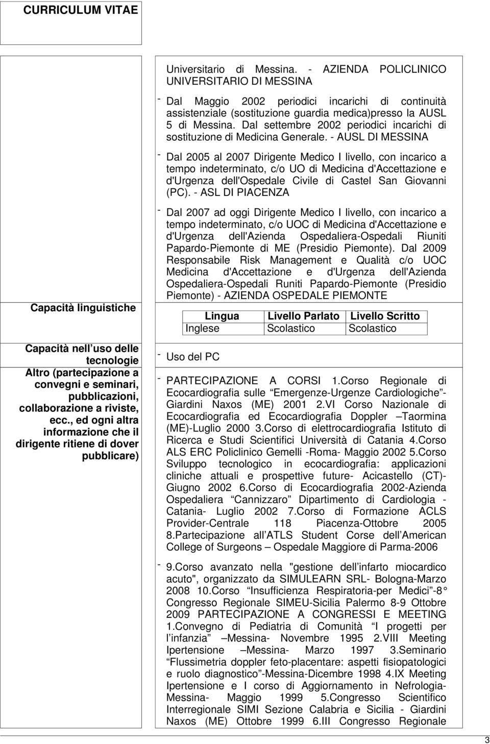 - AUSL DI MESSINA - Dal 2005 al 2007 Dirigente Medico I livello, con incarico a tempo indeterminato, c/o UO di Medicina d'accettazione e d'urgenza dell'ospedale Civile di Castel San Giovanni (PC).