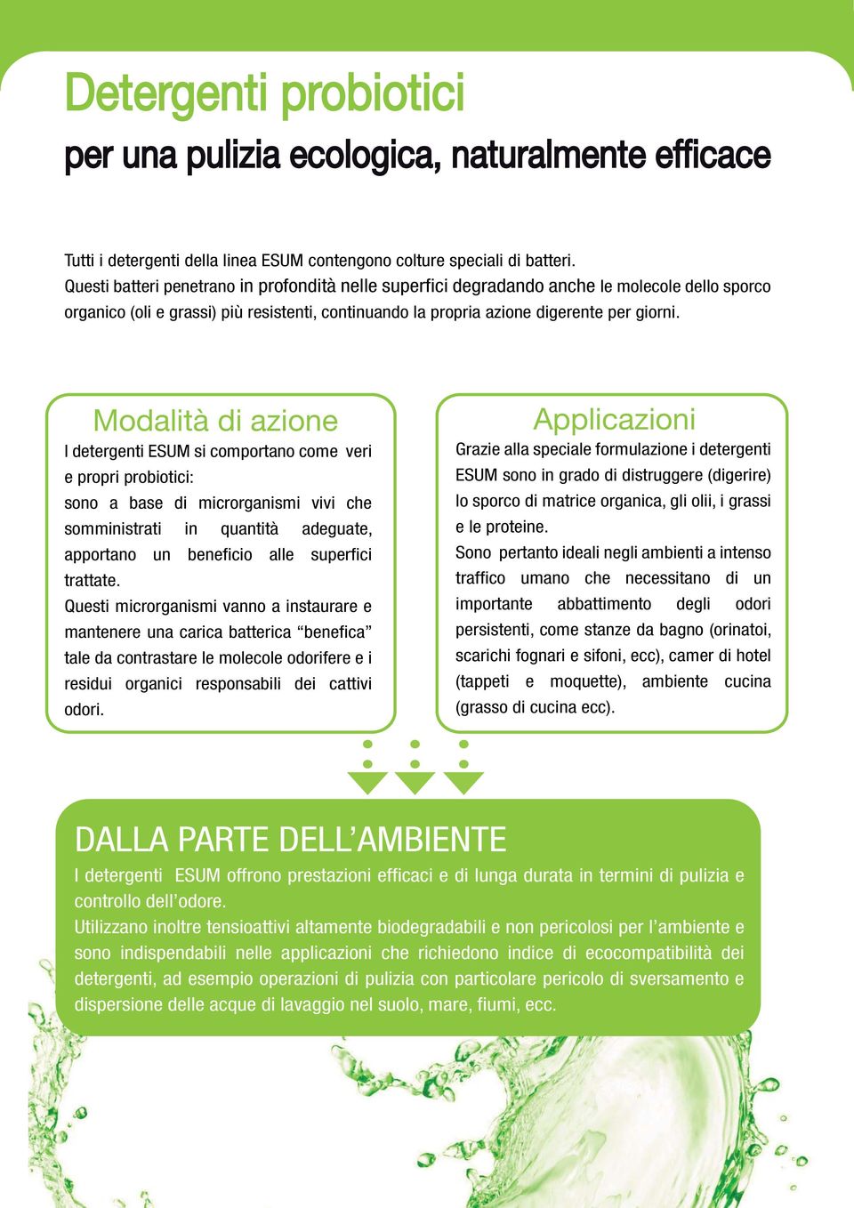 Modalità di azione I detergenti ESUM si comportano come veri e propri probiotici: sono a base di microrganismi vivi che somministrati in quantità adeguate, apportano un beneficio alle superfici