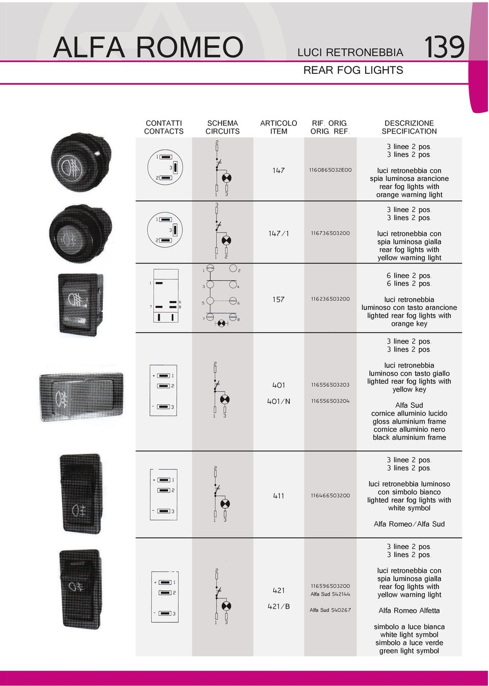 157 116236503200 luci retronebbia luminoso con tasto arancione lighted rear fog lights with orange key 401 401/N 116556503203 116556503204 3 linee 2 pos. 3 lines 2 pos.