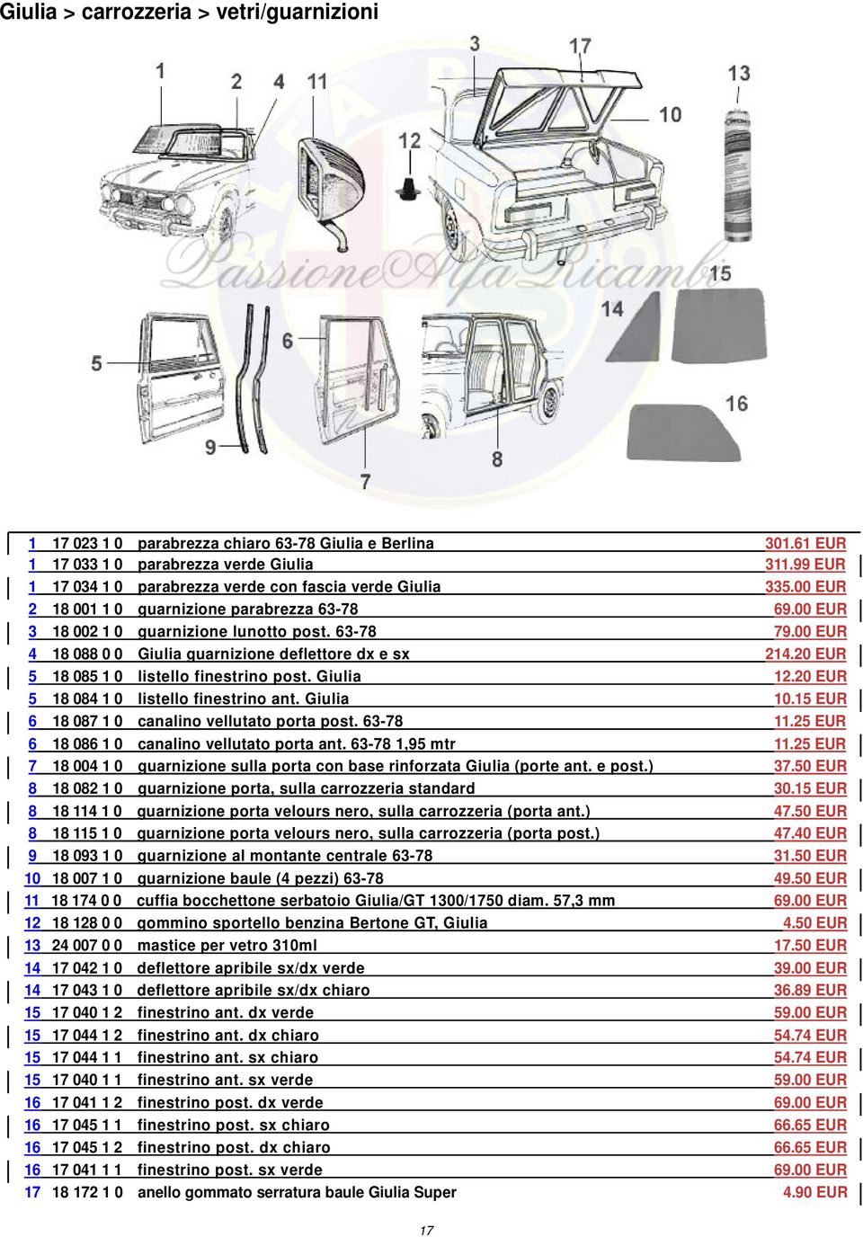 00 EUR 4 18 088 0 0 Giulia guarnizione deflettore dx e sx 214.20 EUR 5 18 085 1 0 listello finestrino post. Giulia 12.20 EUR 5 18 084 1 0 listello finestrino ant. Giulia 10.