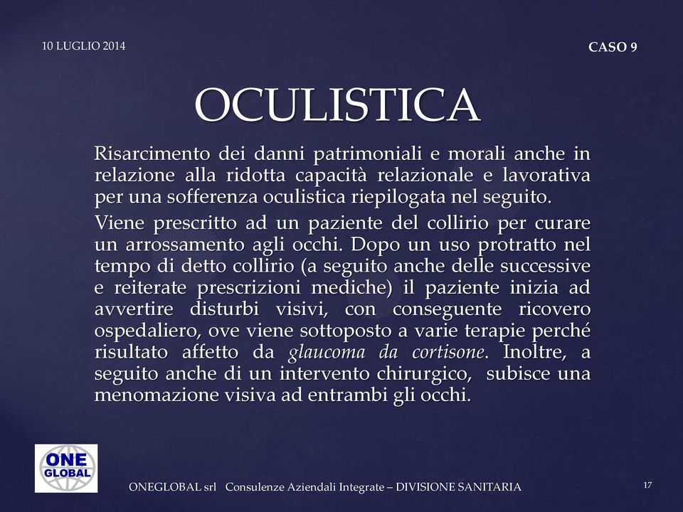 Dopo un uso protratto nel tempo di detto collirio (a seguito anche delle successive e reiterate prescrizioni mediche) il paziente inizia ad avvertire disturbi visivi, con conseguente