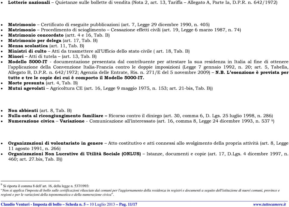 B) Matrimonio per delega (art. 17, Tab. B) Mensa scolastica (art. 11, Tab. B) Ministri di culto Atti da trasmettere all Ufficio dello stato civile ( art. 18, Tab. B) Minori Atti di tutela (art.