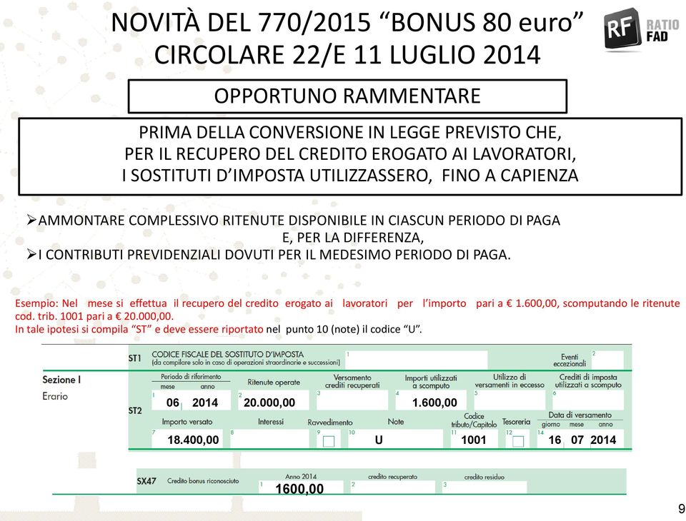 PREVIDENZIALI DOVUTI PER IL MEDESIMO PERIODO DI PAGA. Esempio: Nel mese si effettua il recupero del credito erogato ai lavoratori per l importo pari a 1.