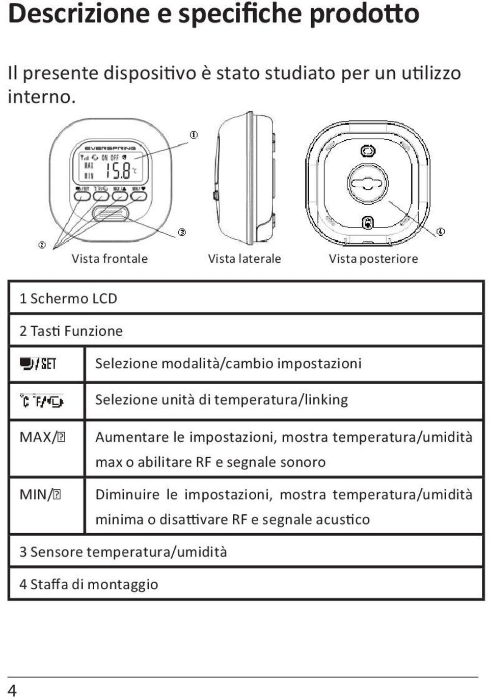 unità di temperatura/linking MAX/ MIN/ Aumentare le impostazioni, mostra temperatura/umidità max o abilitare RF e segnale