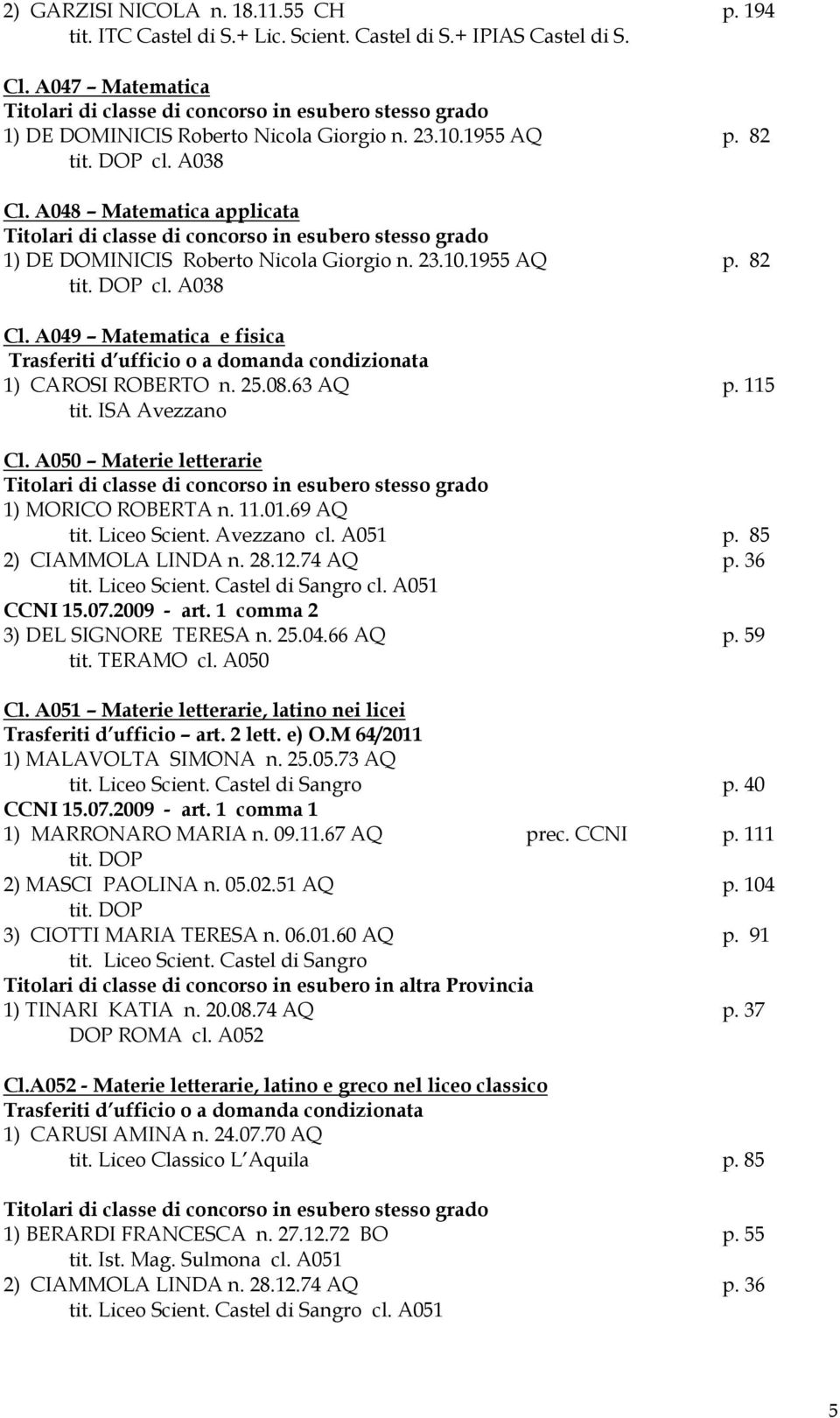 A050 Materie letterarie 1) MORICO ROBERTA n. 11.01.69 AQ tit. Liceo Scient. Avezzano cl. A051 p. 85 2) CIAMMOLA LINDA n. 28.12.74 AQ p. 36 tit. Liceo Scient. Castel di Sangro cl. A051 CCNI 15.07.