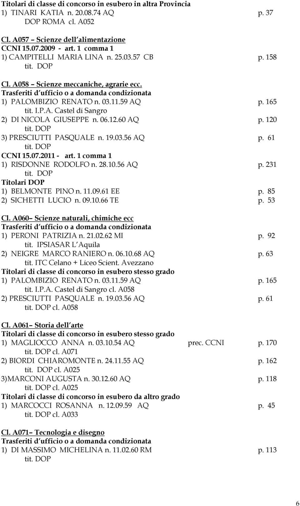 61 CCNI 15.07.2011 - art. 1 comma 1 1) RISDONNE RODOLFO n. 28.10.56 AQ p. 231 1) BELMONTE PINO n. 11.09.61 EE p. 85 2) SICHETTI LUCIO n. 09.10.66 TE p. 53 Cl.