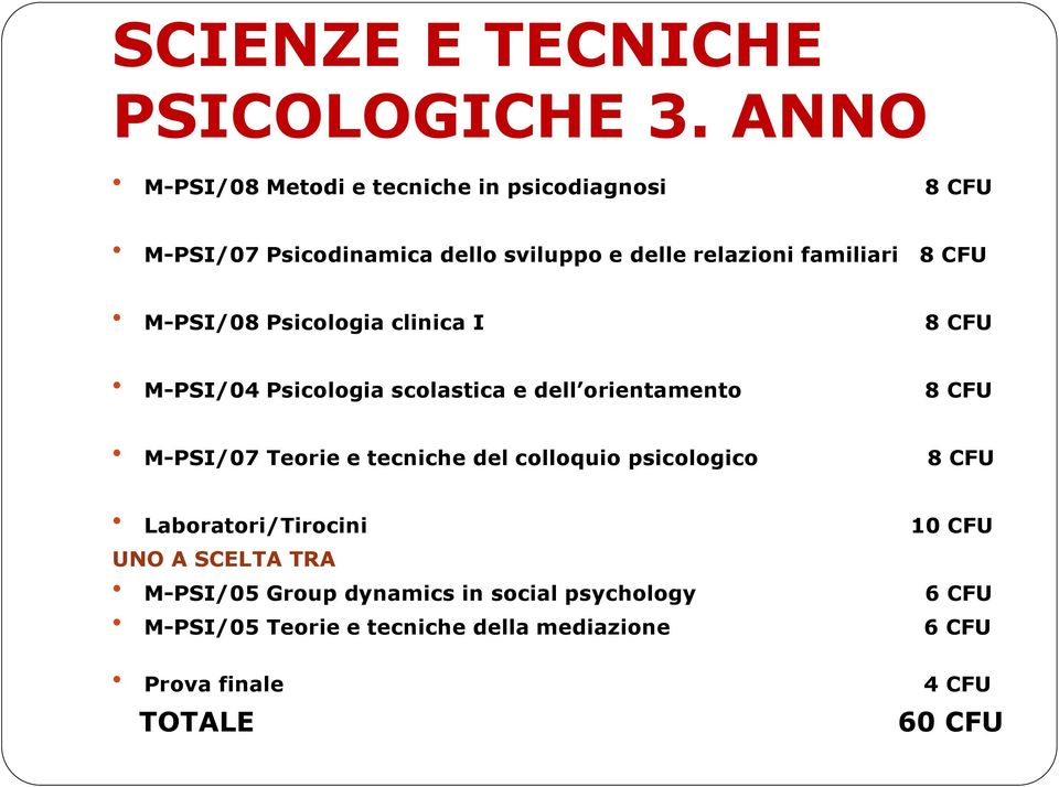 CFU M-PSI/08 Psicologia clinica I 8 CFU M-PSI/04 Psicologia scolastica e dell orientamento 8 CFU M-PSI/07 Teorie e
