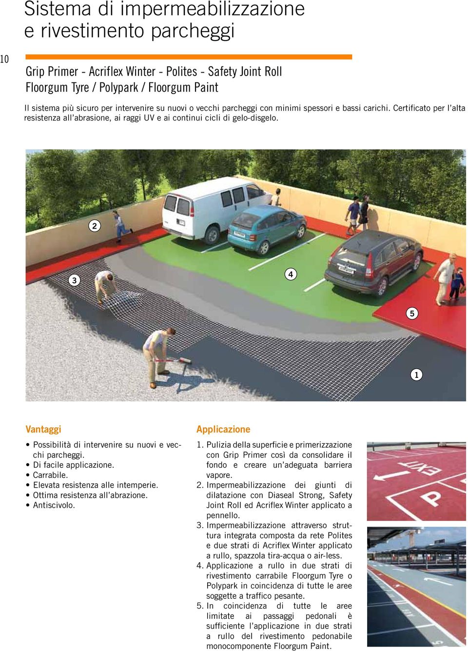 2 3 4 5 1 Vantaggi Possibilità di intervenire su nuovi e vecchi parcheggi. Di facile applicazione. Carrabile. Elevata resistenza alle intemperie. Ottima resistenza all abrazione. Antiscivolo. 1. Pulizia della superficie e primerizzazione con Grip Primer così da consolidare il fondo e creare un adeguata barriera vapore.