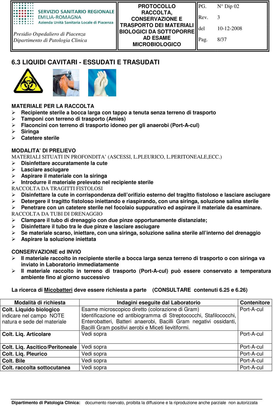 idoneo per gli anaerobi (Port-A-cul) Siringa Catetere sterile MODALITA DI PRELIEVO MATERIALI SITUATI IN PROFONDITA (ASCESSI, L.PLEURICO, L.PERITONEALE,ECC.