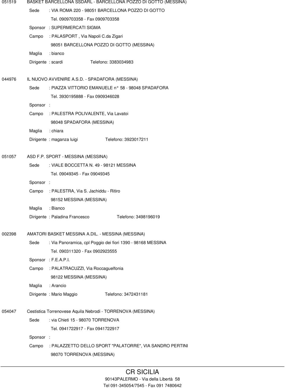 3930195888 - Fax 0909346028 : PALESTRA POLIVALENTE, Via Lavatoi 98048 SPADAFORA (MESSINA) : chiara Dirigente : maganza luigi Telefono: 3923017211 051057 ASD F.P. SPORT - MESSINA (MESSINA) : VIALE BOCCETTA N.