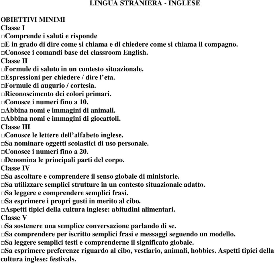 Abbina nomi e immagini di animali. Abbina nomi e immagini di giocattoli. II Conosce le lettere dell alfabeto inglese. Sa nominare oggetti scolastici di uso personale. Conosce i numeri fino a 20.