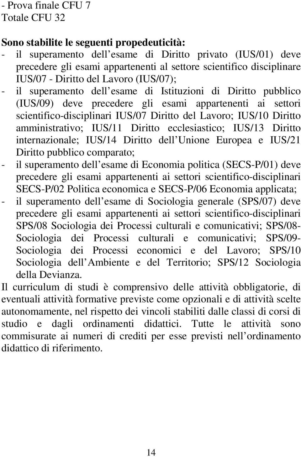 IUS/07 Diritto del Lavoro; IUS/10 Diritto amministrativo; IUS/11 Diritto ecclesiastico; IUS/13 Diritto internazionale; IUS/14 Diritto dell Unione Europea e IUS/21 Diritto pubblico comparato; - il