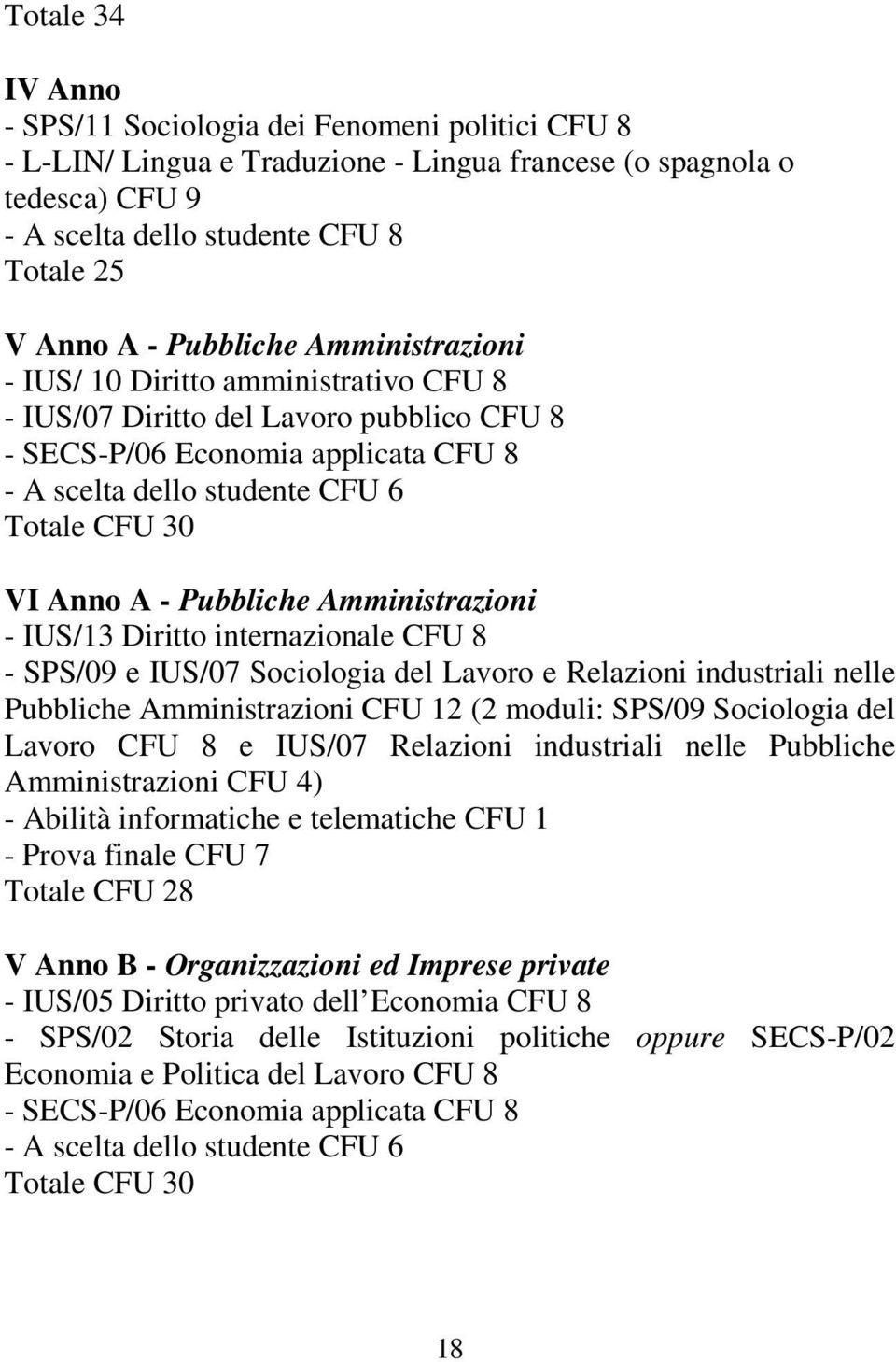 A - Pubbliche Amministrazioni - IUS/13 Diritto internazionale CFU 8 - SPS/09 e IUS/07 Sociologia del Lavoro e Relazioni industriali nelle Pubbliche Amministrazioni CFU 12 (2 moduli: SPS/09 Sociologia