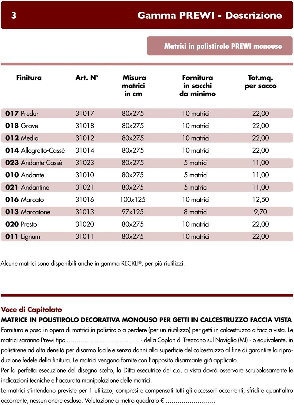 10 matrici 22,00 023 Andante-Cassè 31023 80x275 5 matrici 11,00 010 Andante 31010 80x275 5 matrici 11,00 021 Andantino 31021 80x275 5 matrici 11,00 016 Marcato 31016 100x125 10 matrici 12,50 013