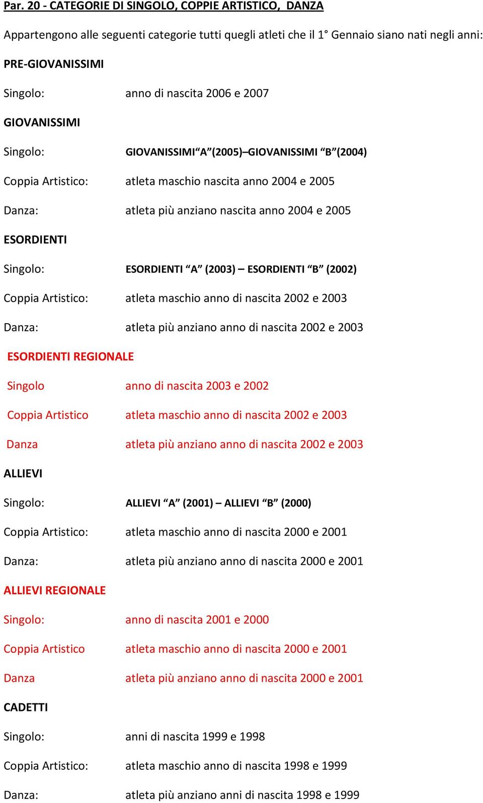 Singolo: ESORDIENTI A (2003) ESORDIENTI B (2002) Coppia Artistico: atleta maschio anno di nascita 2002 e 2003 Danza: atleta più anziano anno di nascita 2002 e 2003 ESORDIENTI REGIONALE Singolo anno