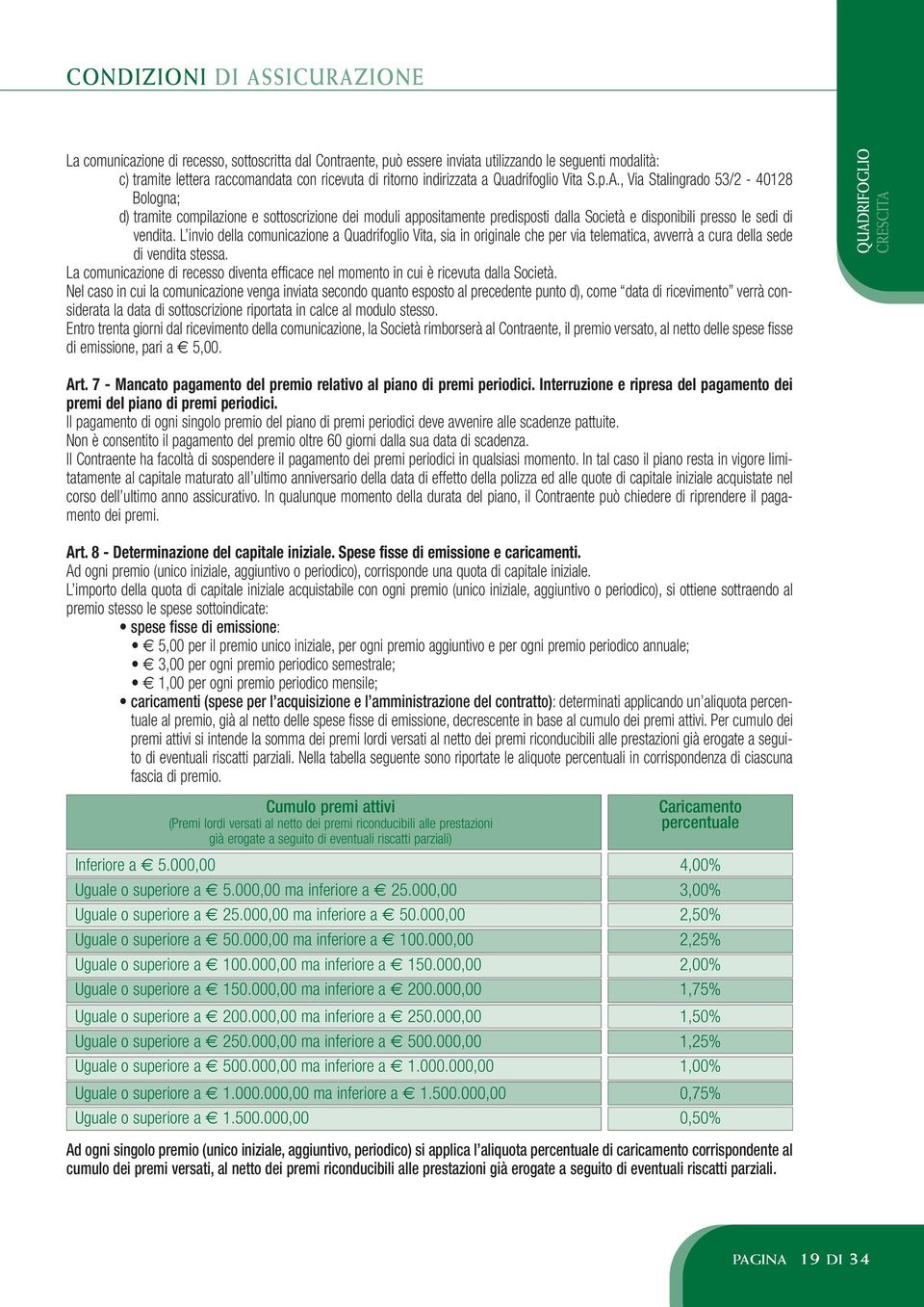 , Via Stalingrado 53/2-40128 Bologna; d) tramite compilazione e sottoscrizione dei moduli appositamente predisposti dalla Società e disponibili presso le sedi di vendita.