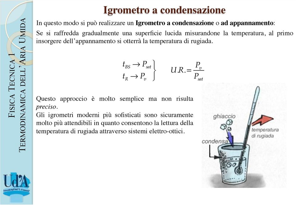 temperatura di rugiada.! t BS P sat t R P v U.R. = P v P sat Questo approccio è molto semplice ma non risulta preciso.