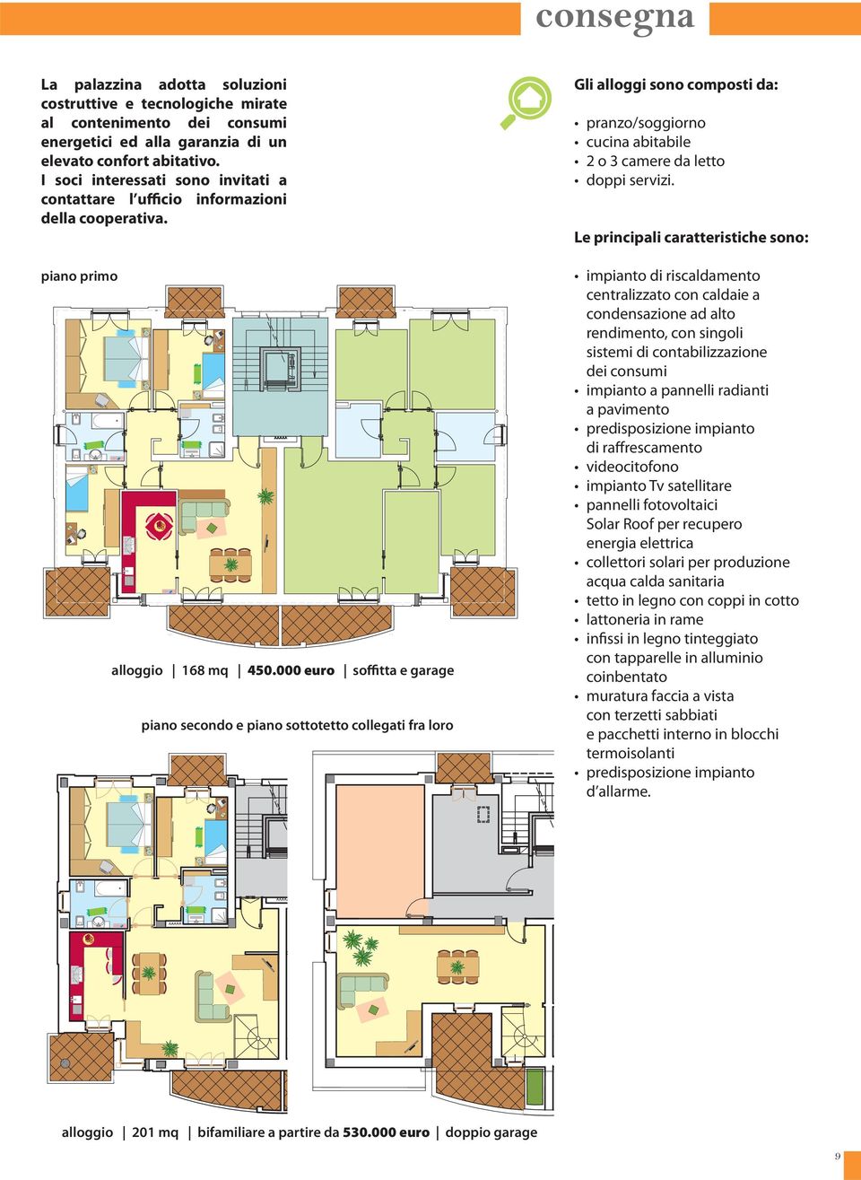 000 euro soffitta e garage piano secondo e piano sottotetto collegati fra loro Gli alloggi sono composti da: pranzo/soggiorno cucina abitabile 2 o 3 camere da letto doppi servizi.