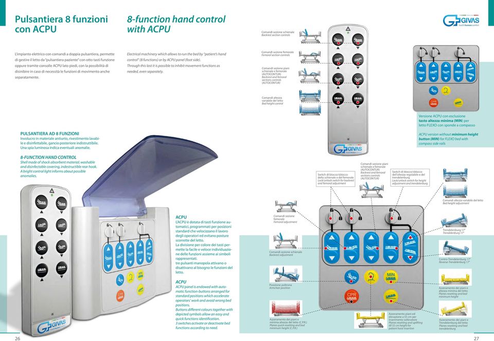 Electrical machinery which allows to run the bed by patient s hand control (8 functions) or by ACPU panel (foot side).