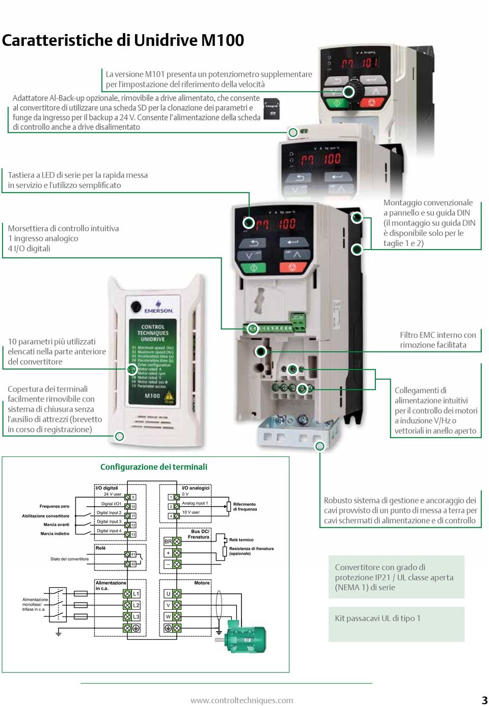 Consente l alimentazione della scheda di controllo anche a drive disalimentato Tastiera a LED di serie per la rapida messa in servizio e l'utilizzo semplificato Morsettiera di controllo intuitiva 1