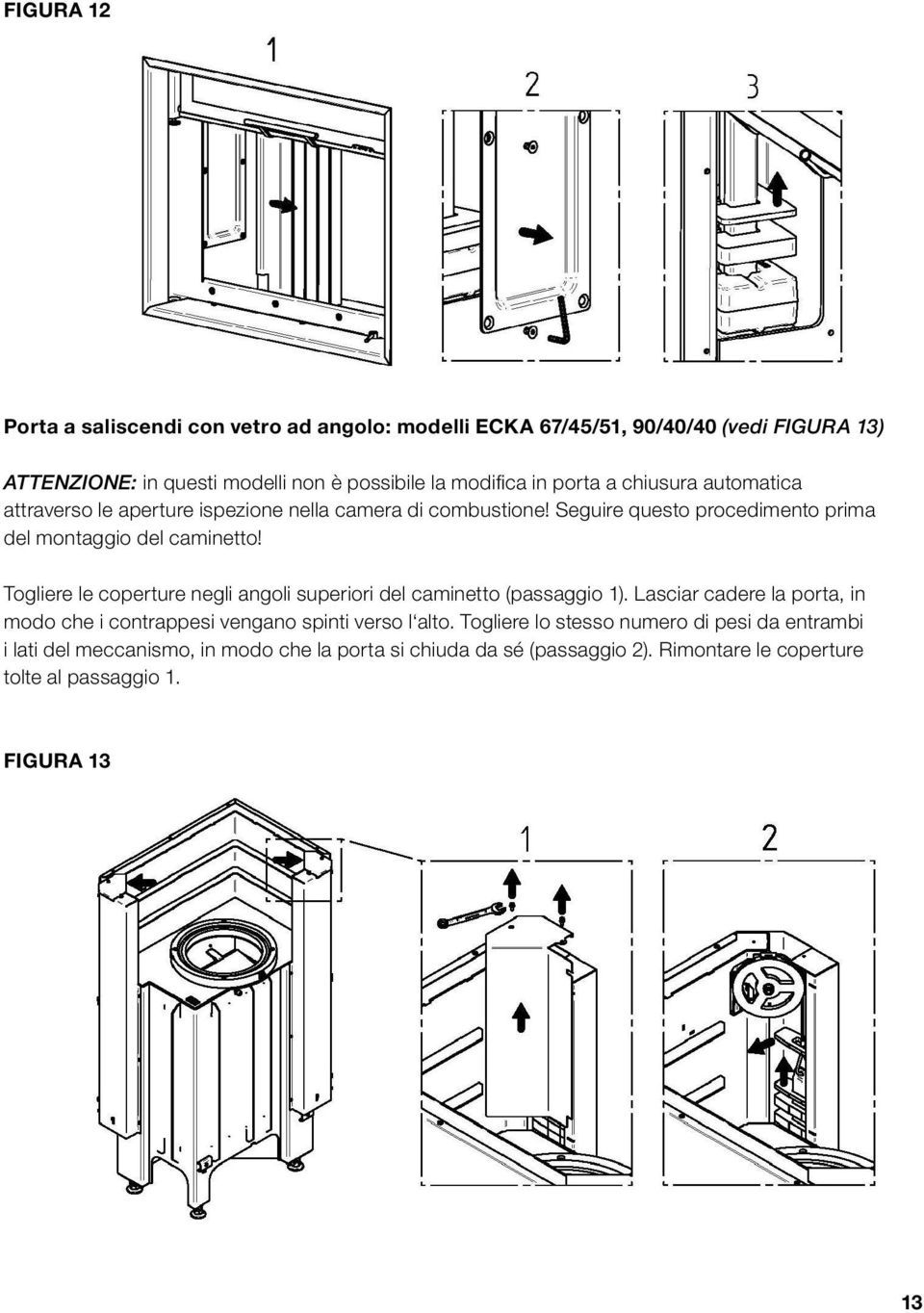 Togliere le coperture negli angoli superiori del caminetto (passaggio 1). Lasciar cadere la porta, in modo che i contrappesi vengano spinti verso l alto.